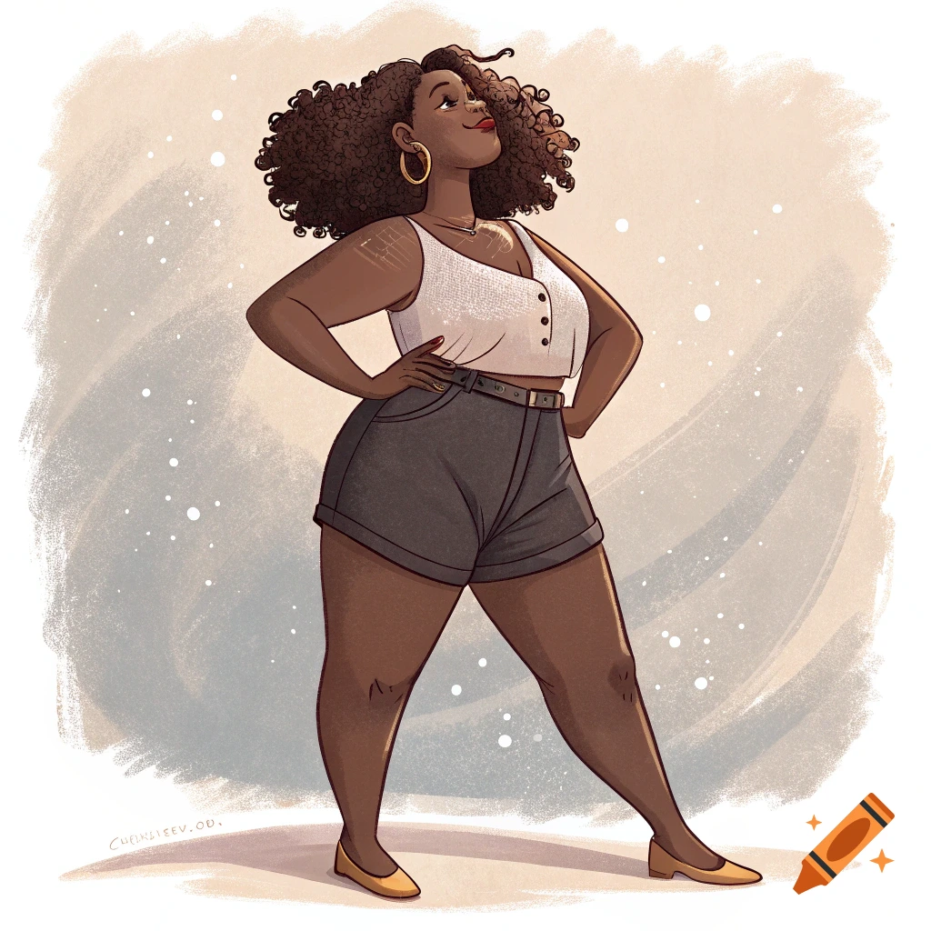 Stylized illustration of a Black woman in a crop top and shorts with hands on hips.