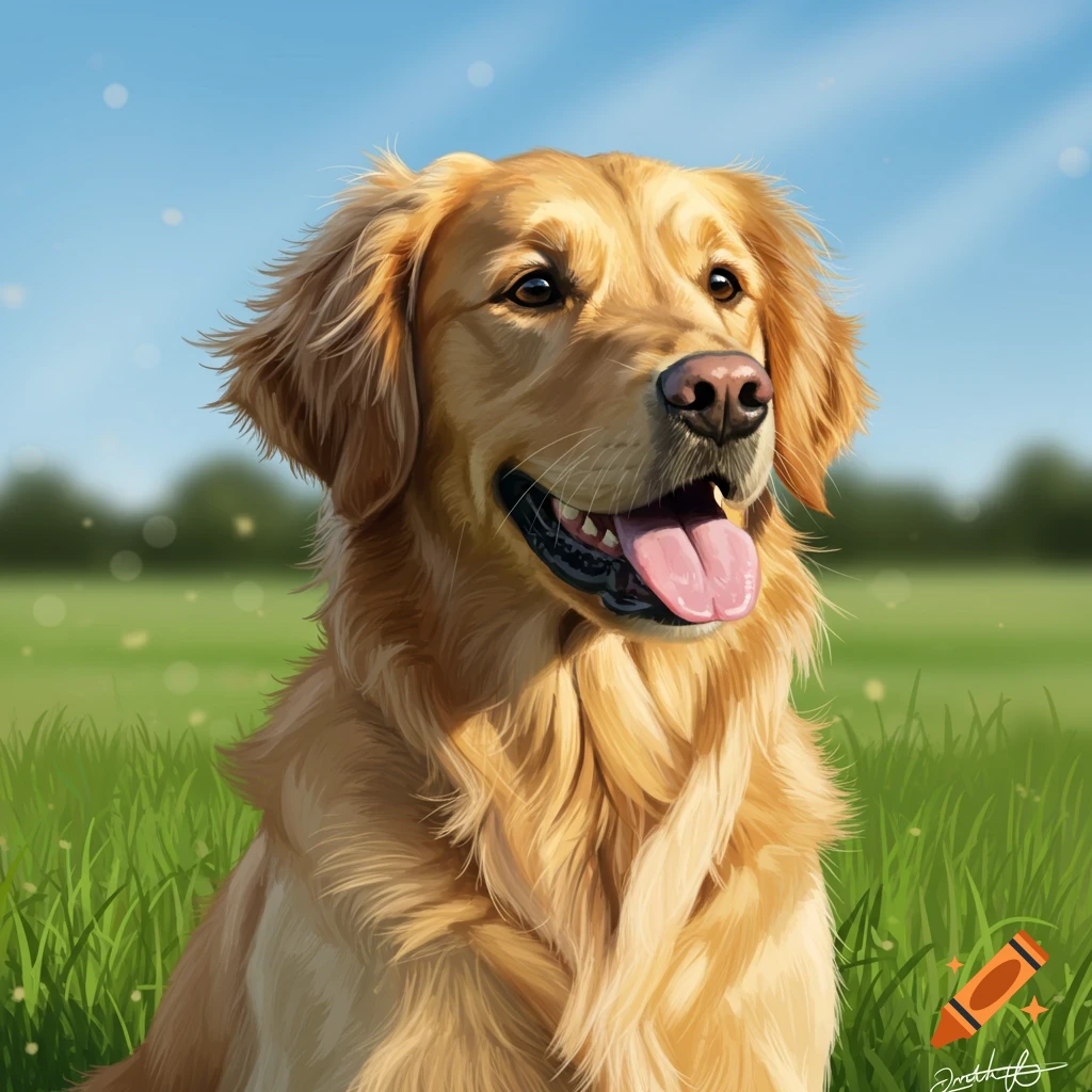 A golden retriever is sitting in a grassy field under a sunny sky.