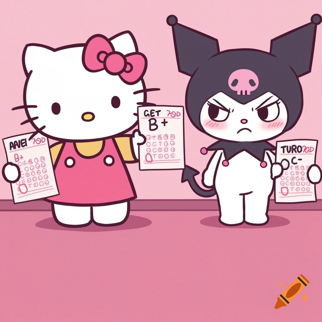 Hello Kitty holding a test paper with B+ while Kuromi looks angry holding a test paper with C- in a cartoon style.