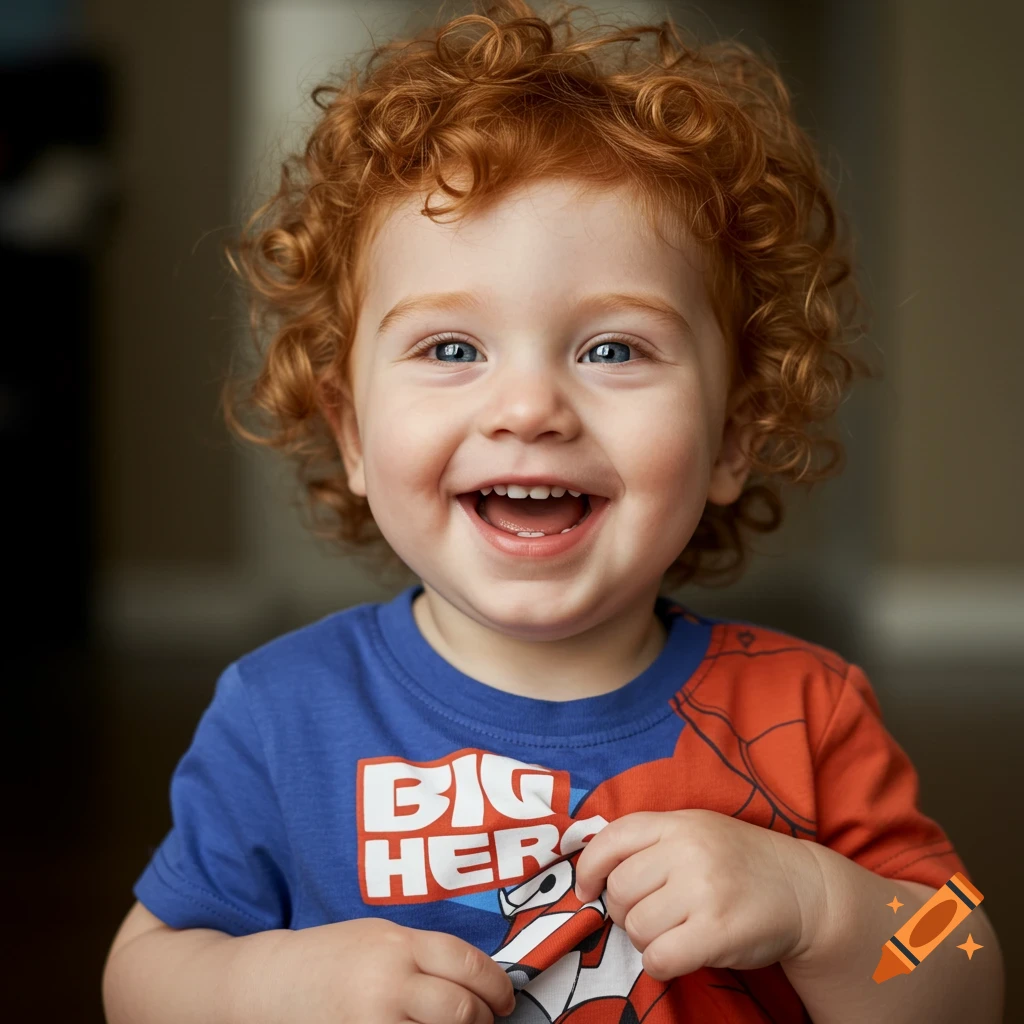 A smiling toddler with red curly hair wearing a Big Hero shirt.