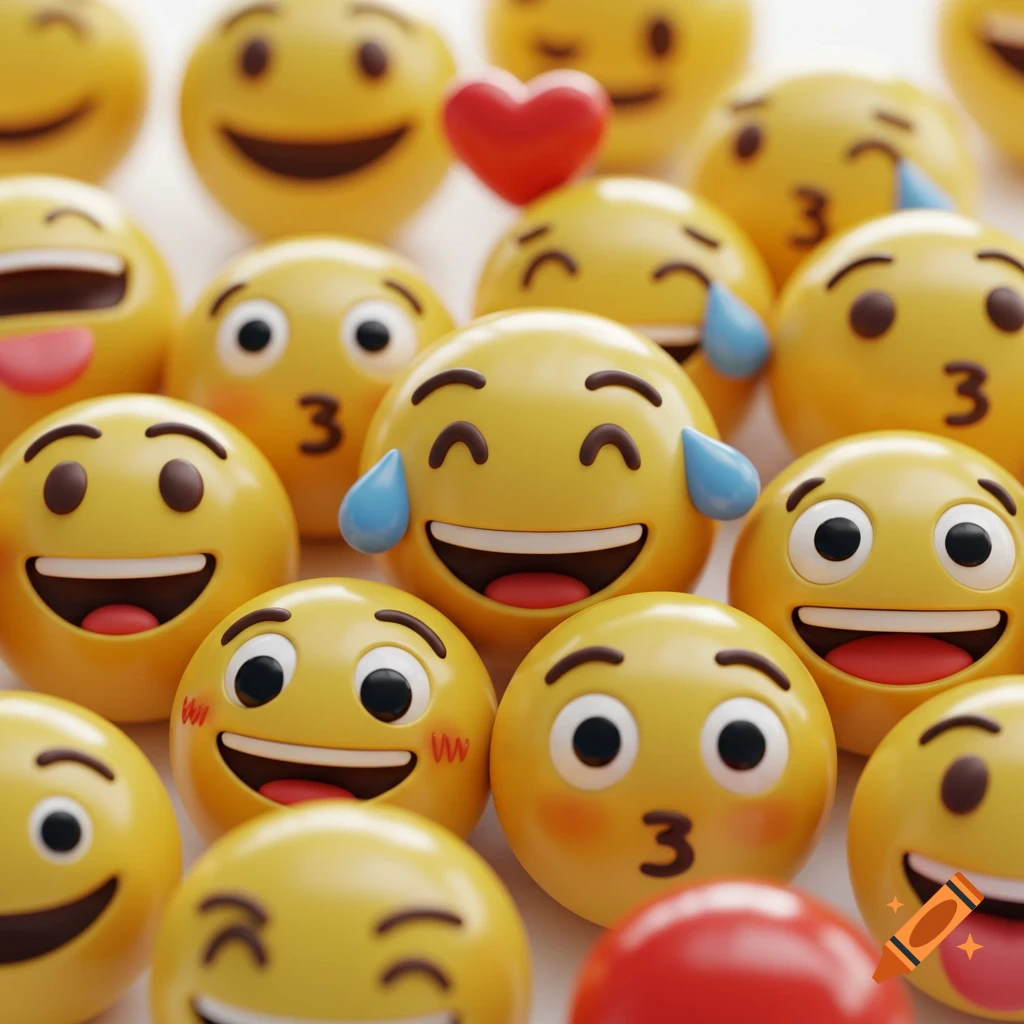 A close-up view of various 3D rendered yellow emojis with different facial expressions and a red heart