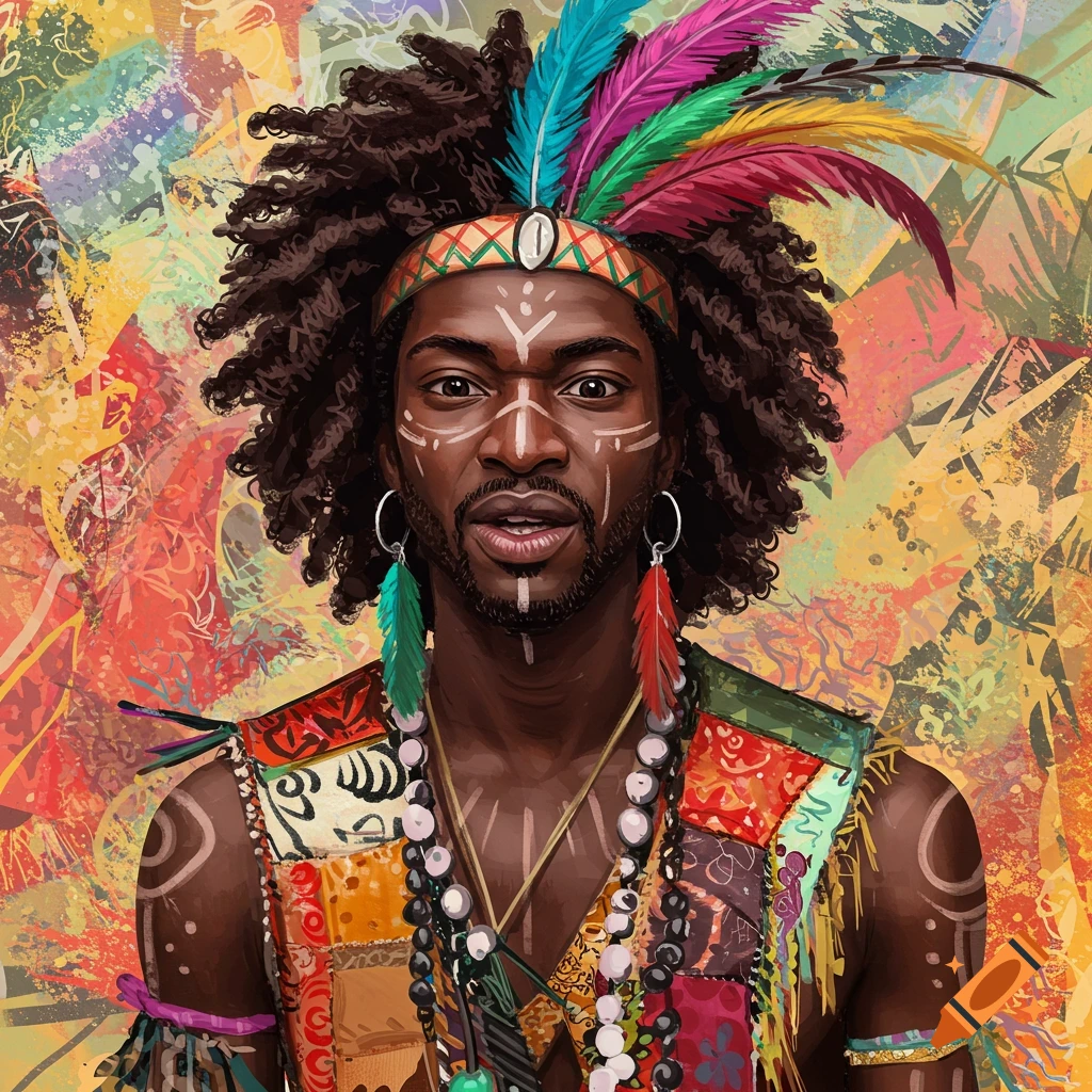 A man with face paint, a feathered headdress, and colorful patchwork clothing.