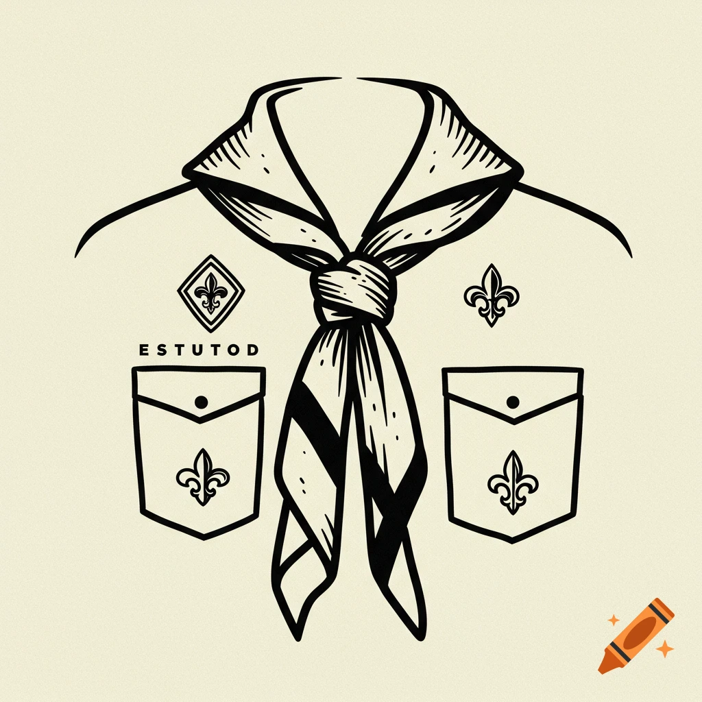 Black and white illustration of a scouting uniform with neckerchief and badges.