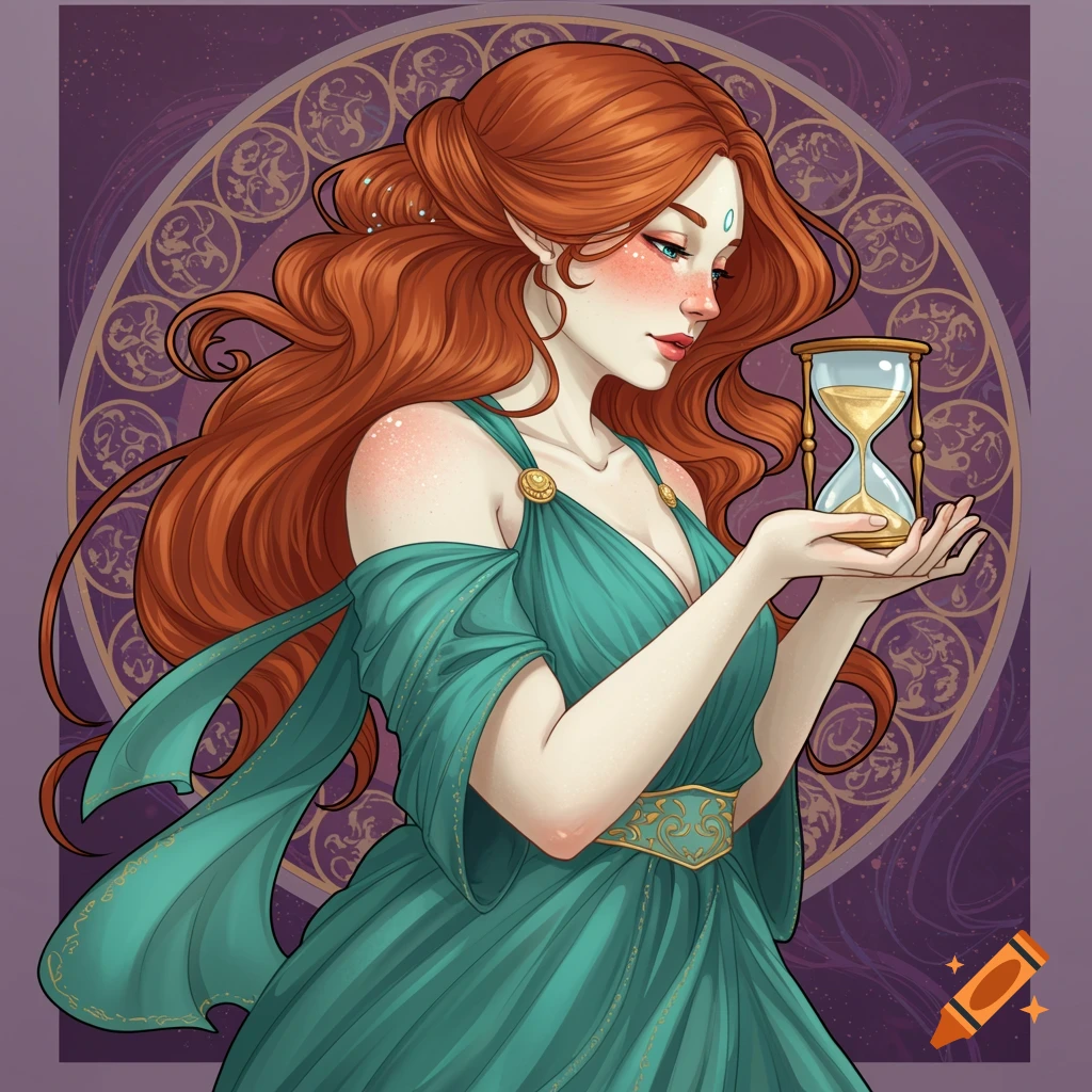 A fantasy woman with red hair in an Art Nouveau style holds an hourglass.