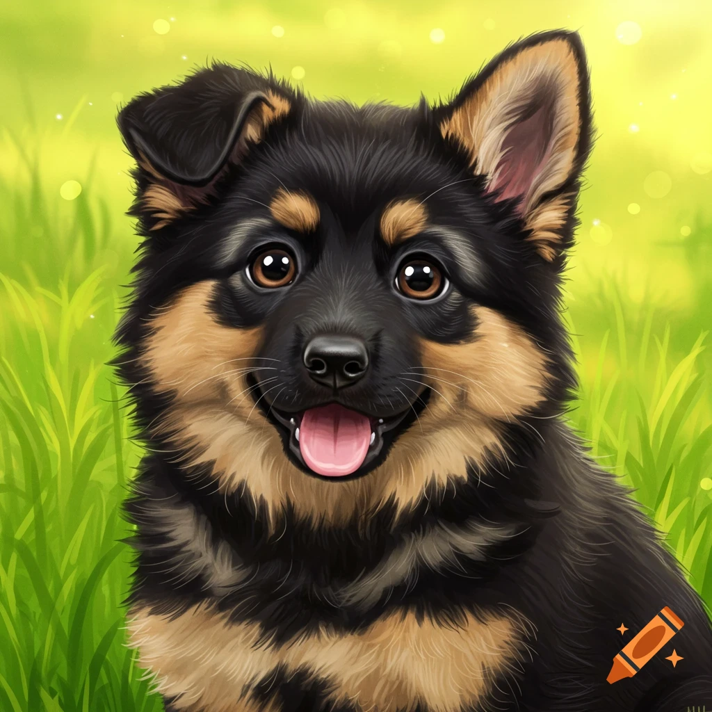 A cute German Shepherd puppy sits in the grass with its tongue out.
