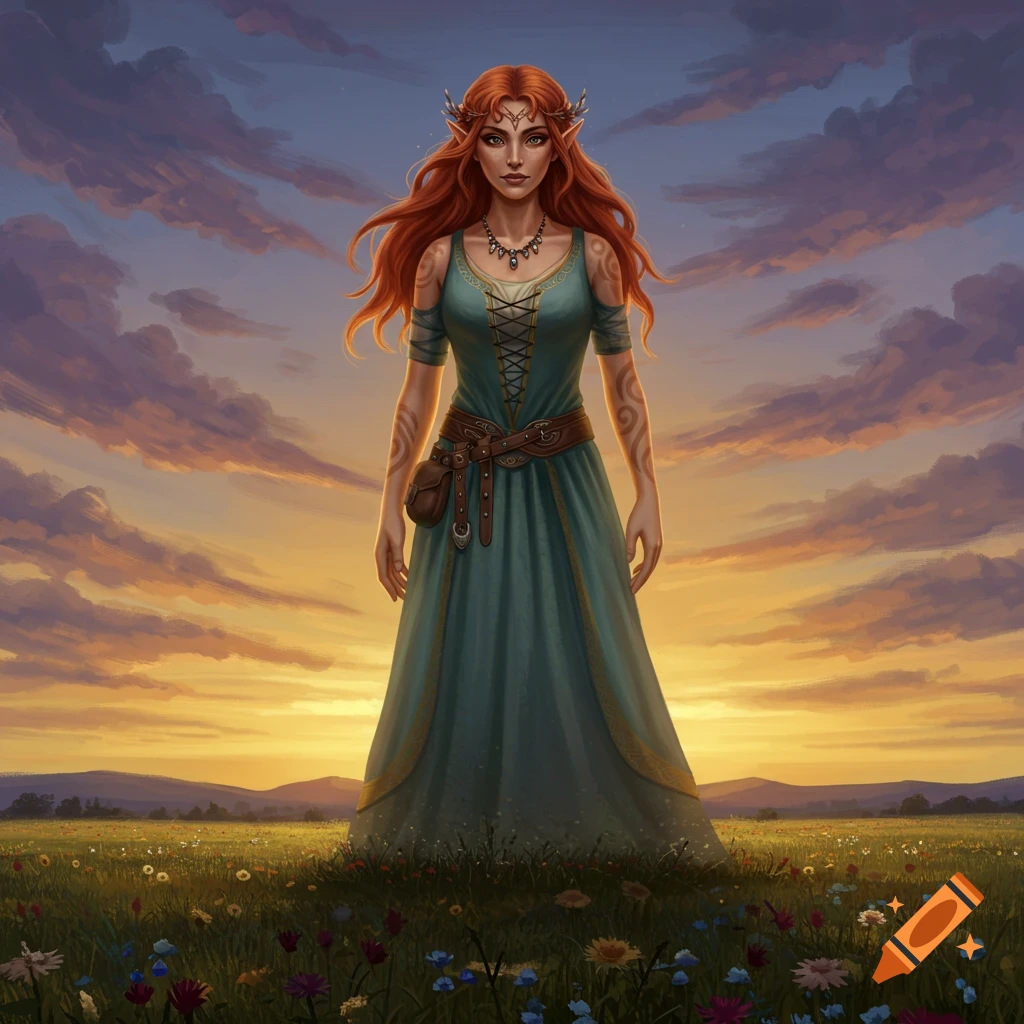 A red-haired elf in a green dress standing in a field at sunset.