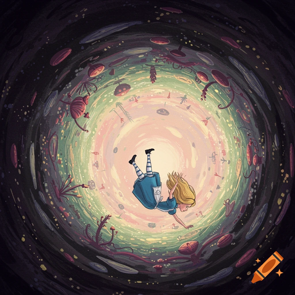 Digital illustration of Alice falling down a whimsical rabbit hole filled with strange objects in a dreamlike, distorted space.