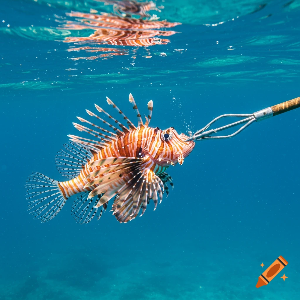Lionfish struck by a three-pronged spear underwater