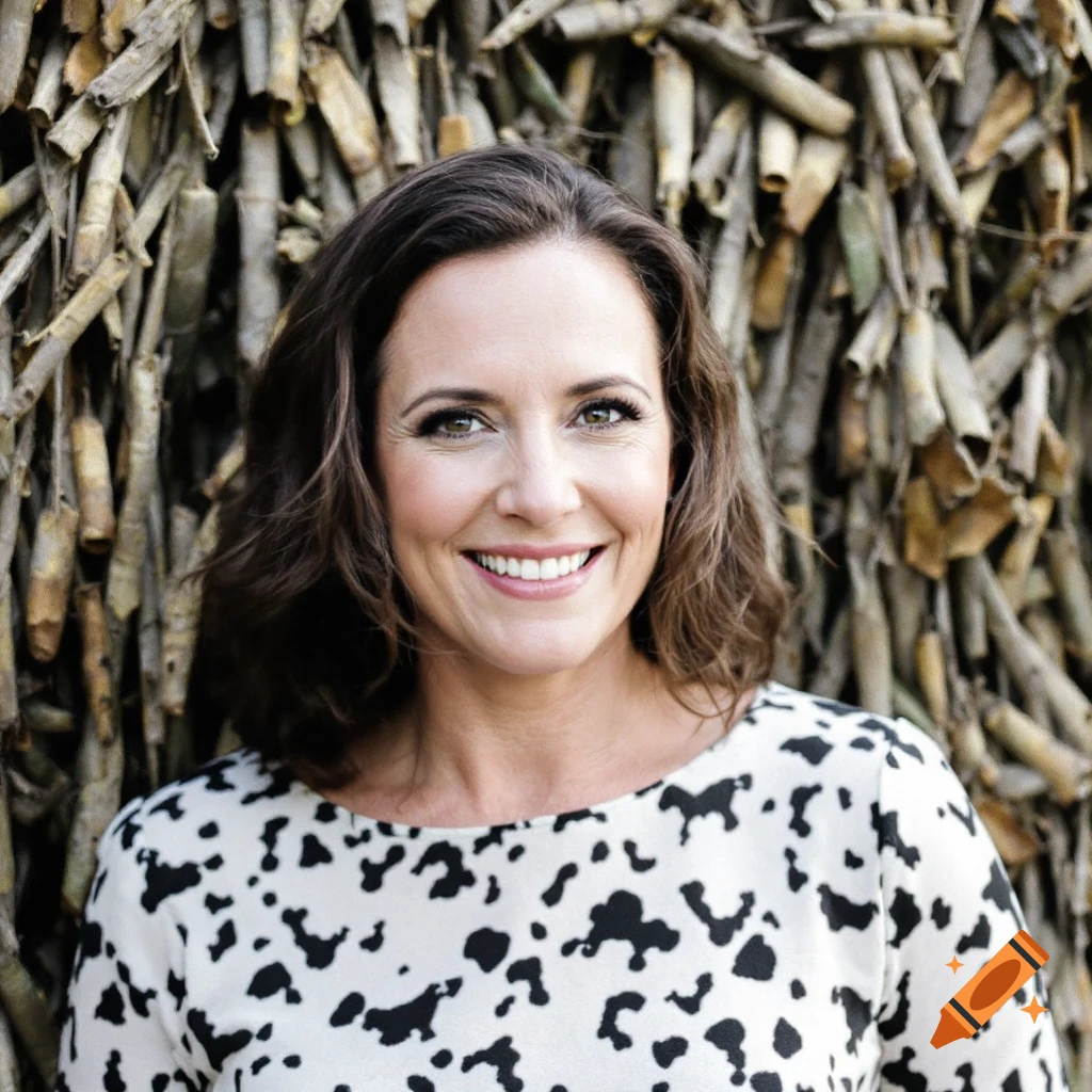 Close-up portrait of a smiling woman in a patterned shirt against a textured background.