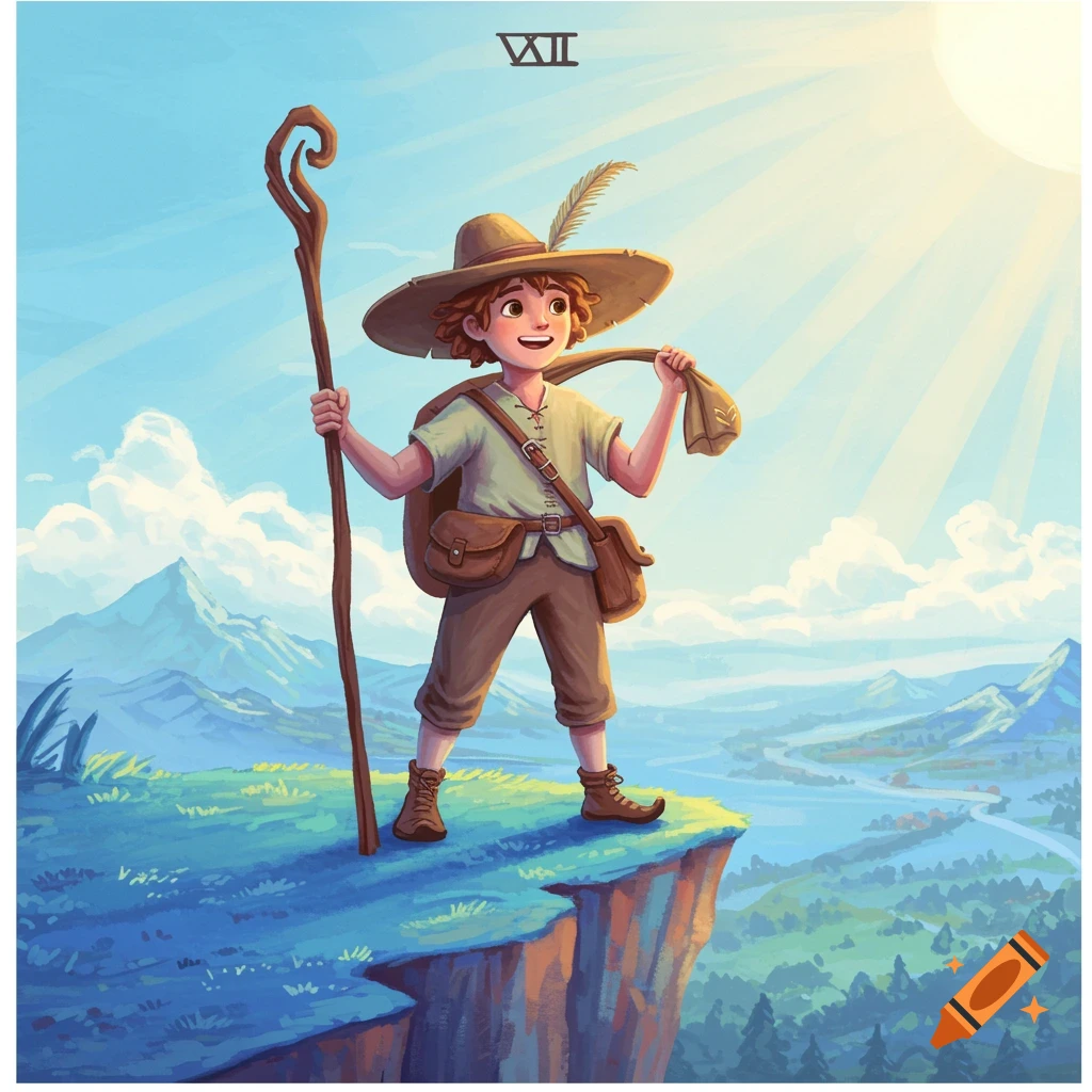 Whimsical illustration of the Fool tarot card figure on a cliff.