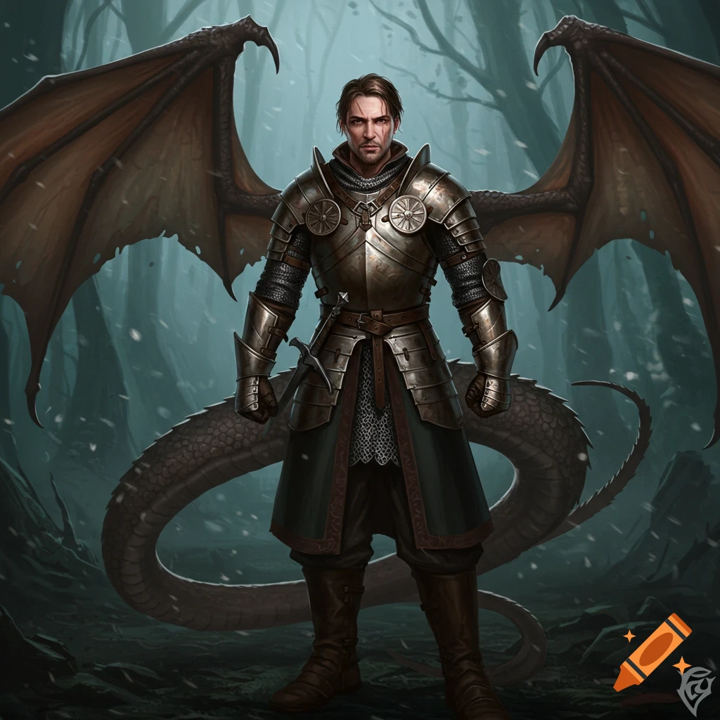 A medieval man with large dragon wings and tail, wearing armor, standing in a dark forest.
