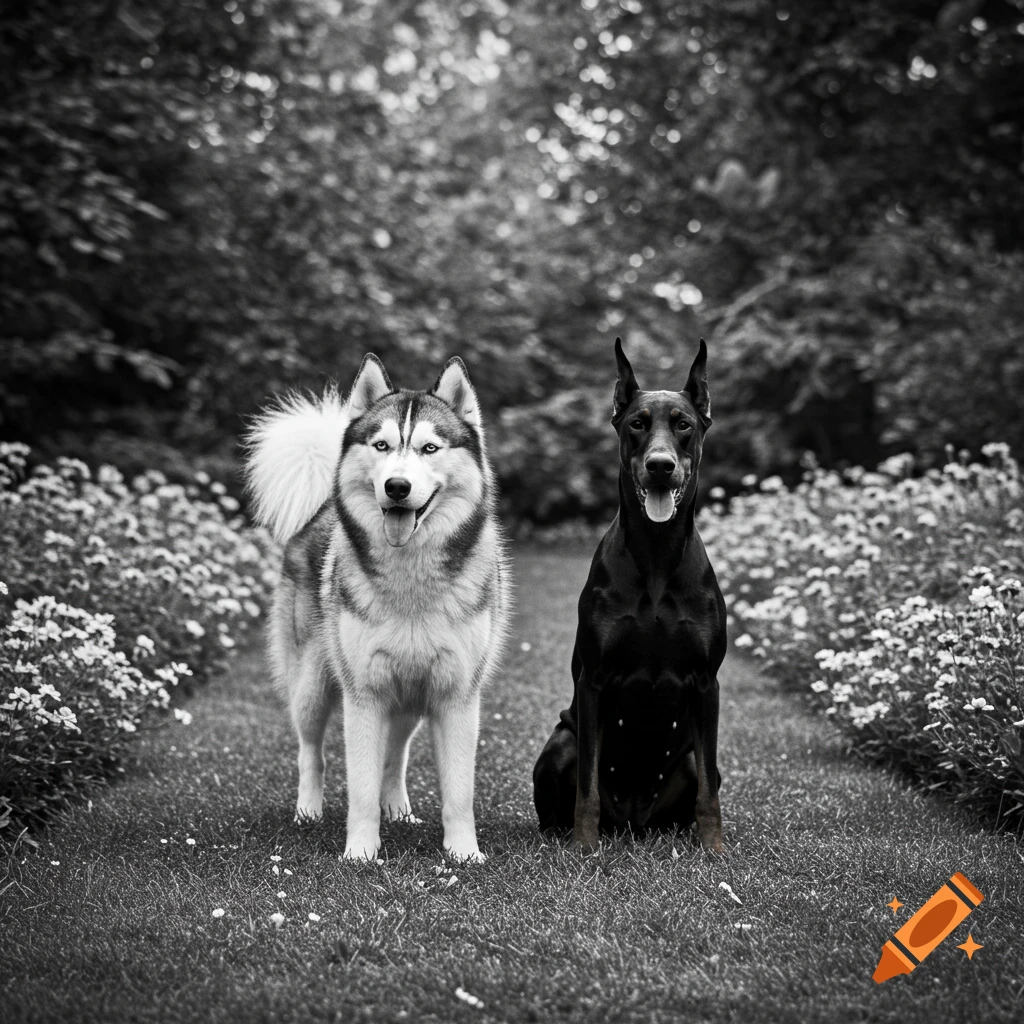Monochrome photo of a husky and doberman on a garden path with flowers.