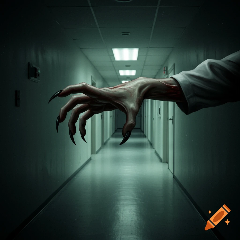 A monstrous hand with claws reaching out in a dark hospital hallway.