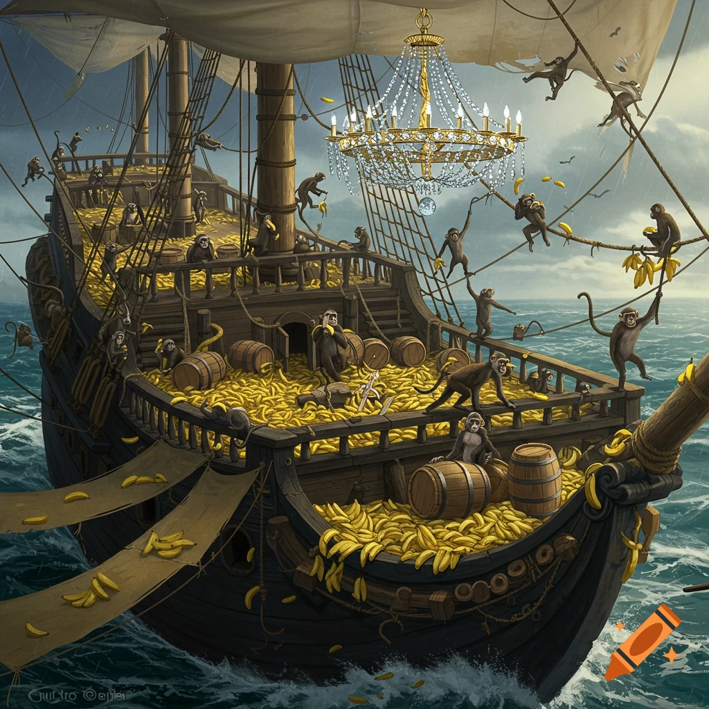 A ship sailing on the sea, covered in monkeys, bananas, and featuring a large chandelier.