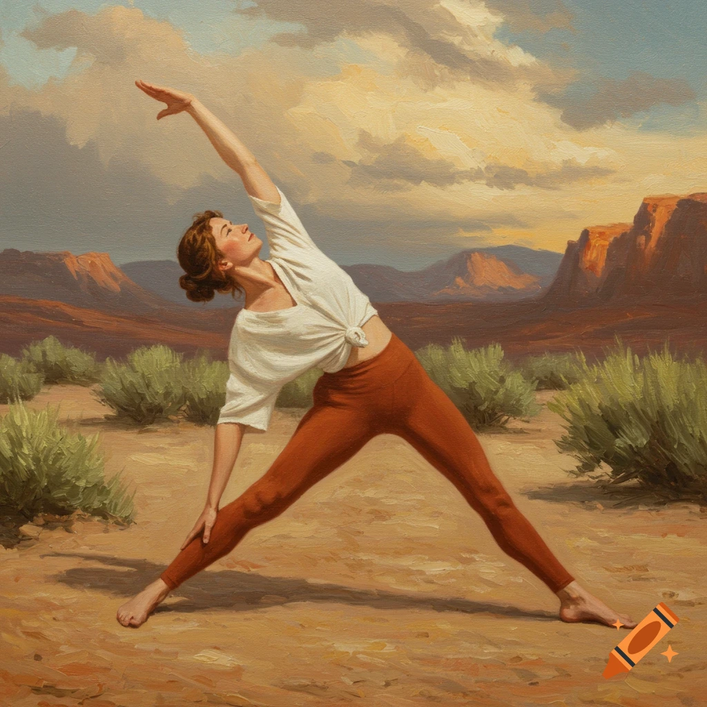 A woman does yoga in a desert landscape, rendered in a painting style.