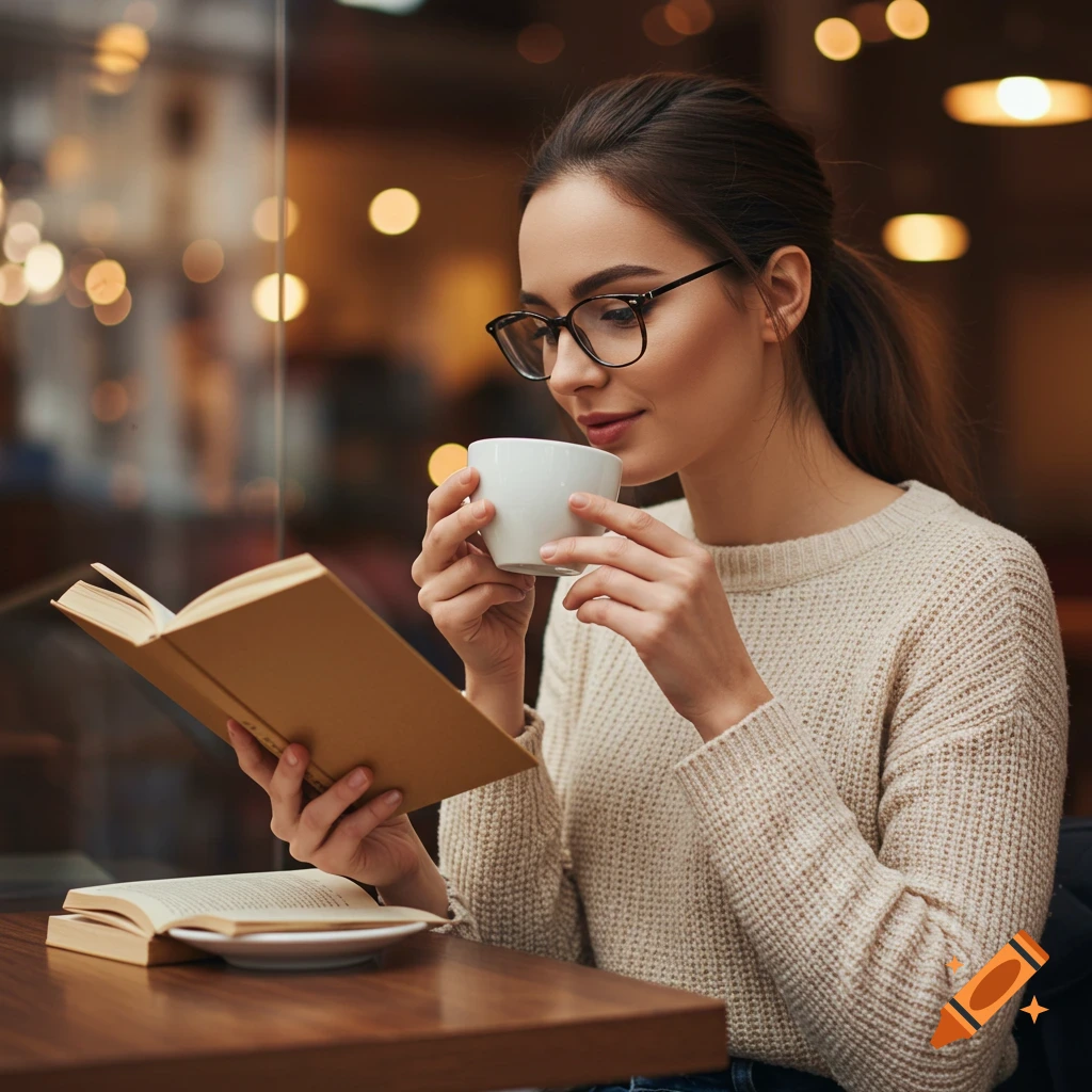 A woman with glasses drinks coffee while reading a book at a table in a cafe.