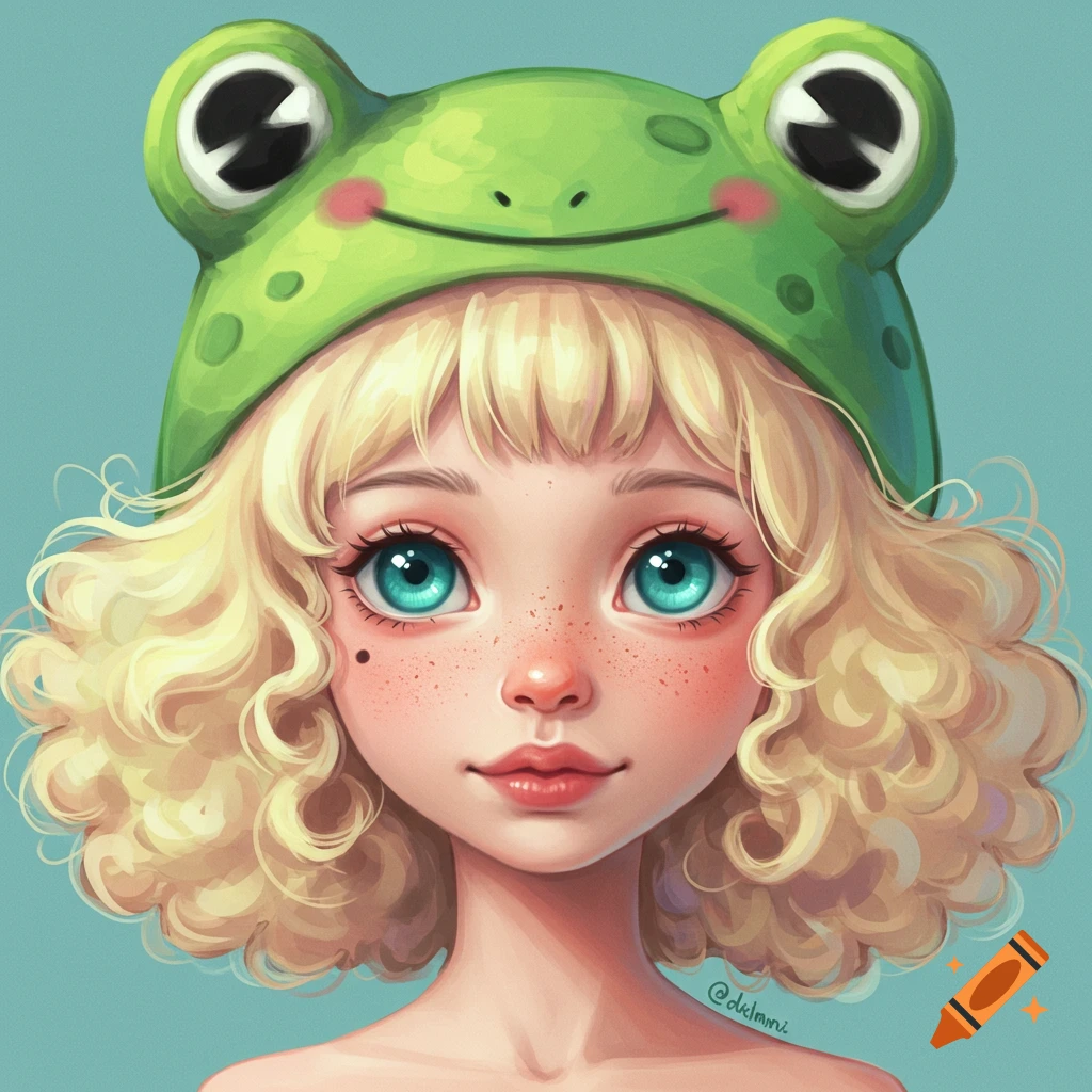 Portrait of an anime girl with blonde curly hair, blue eyes, freckles, and a green frog hat.