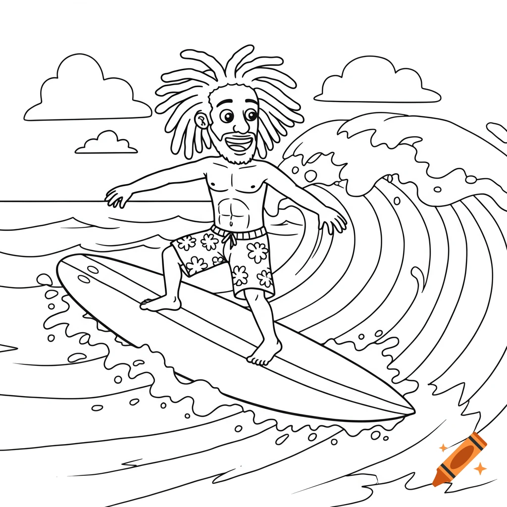 Black and white illustration of a man with dreadlocks surfing on a wave, like a coloring page.