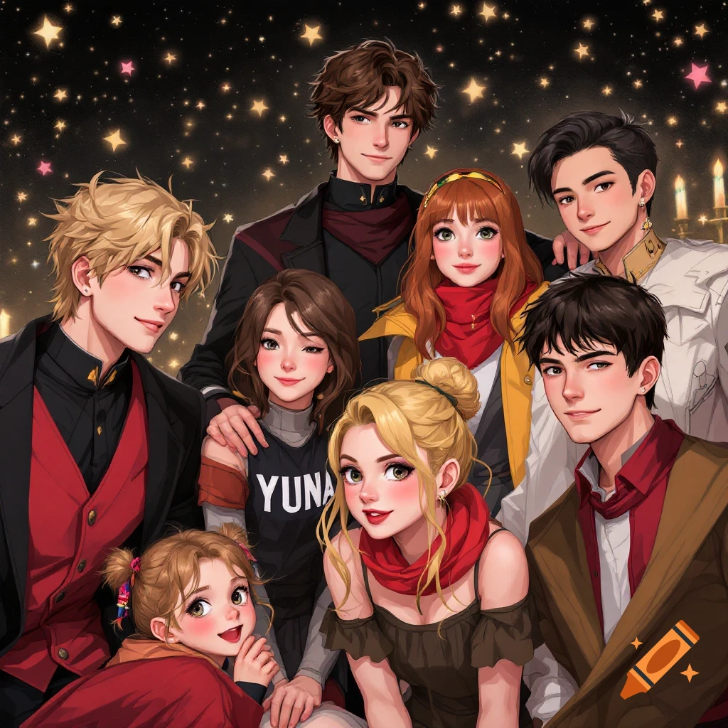 Anime style group portrait of young people against a starry background.