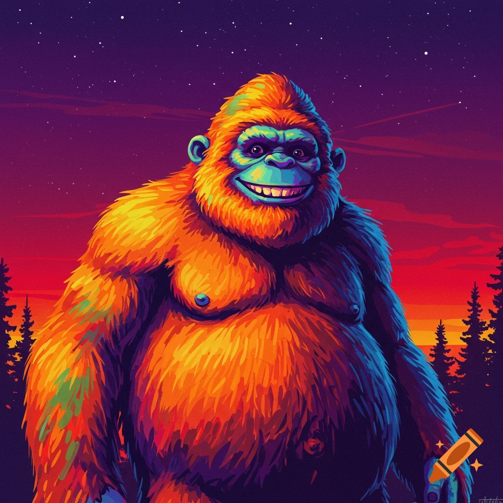 bigfoot-sits-by-a-crackling-campfire-in-a-forest-at-night-smoking-a