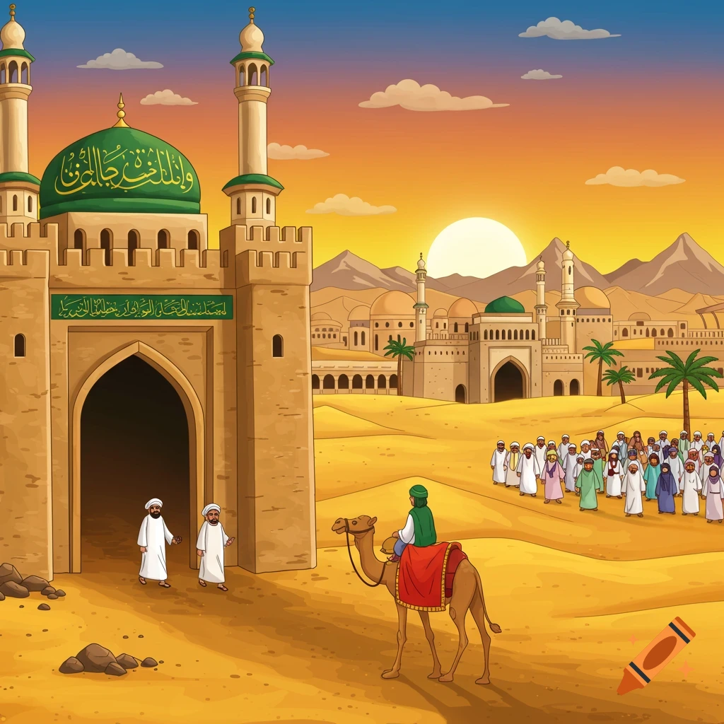 A cartoon desert scene with a camel rider arriving at a large city gate where people are gathered, with buildings and a sunset in the background.