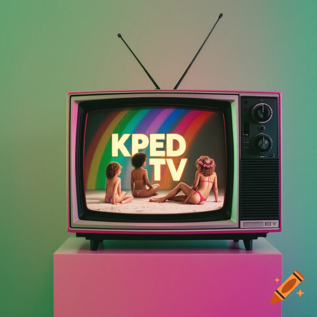 Retro television on a pink stand displaying a screen with a rainbow, KPED TV text, and three girls in bikinis.