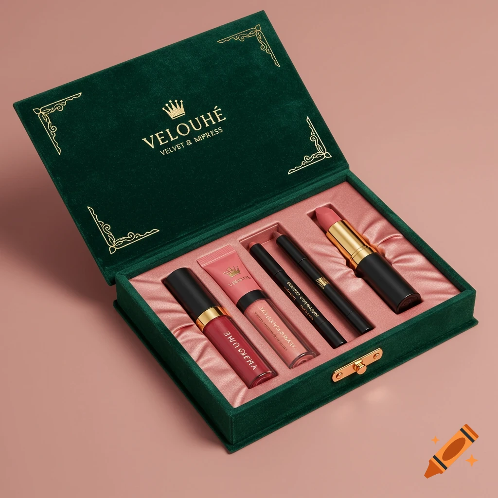 A green velvet box open, revealing makeup items (lip gloss, liner, lipstick) inside a pink satin interior. Product shot.