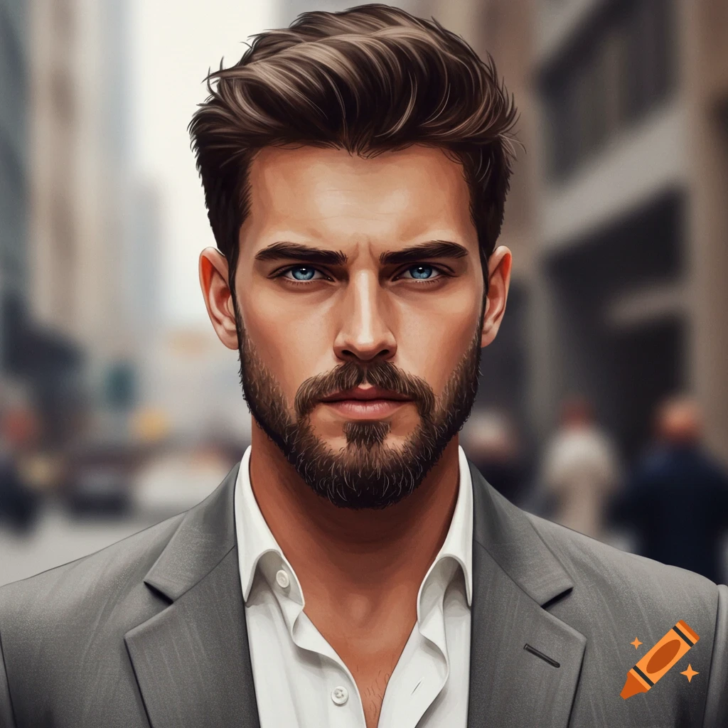 Portrait of a man in a suit with a beard and blue eyes
