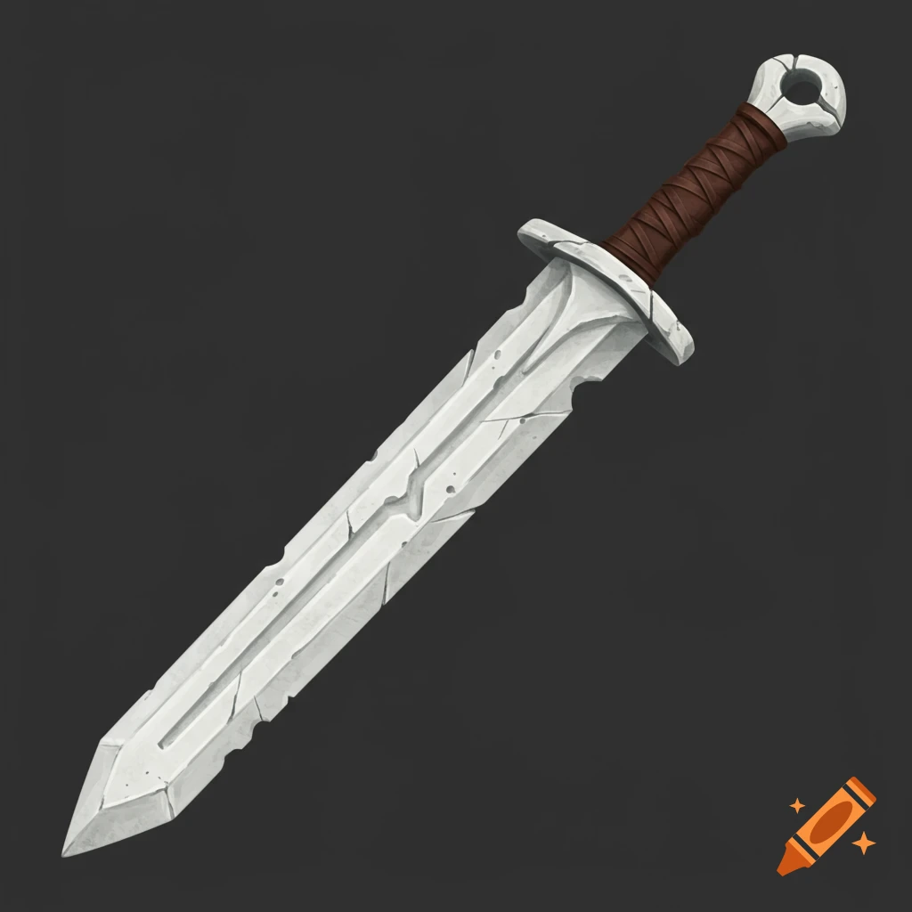 A matte white stone sword with a leather-wrapped handle.