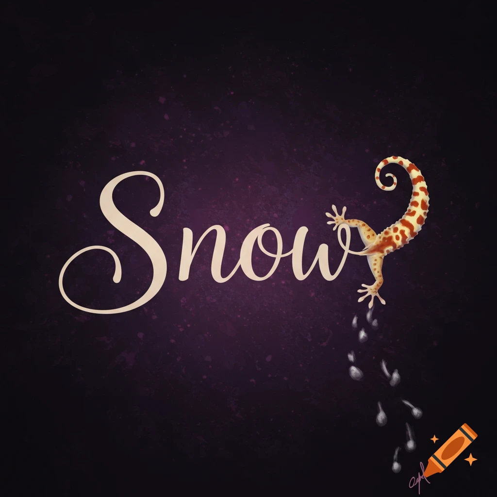 Illustration of the word "Snow" in script font, with a gecko holding onto the last letter.
