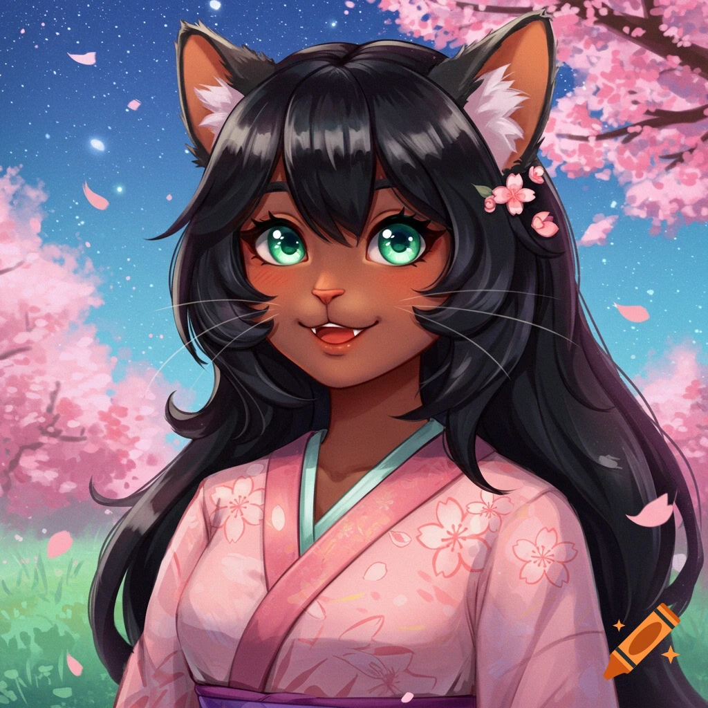 Anime cat girl in pink kimono under cherry blossom tree.