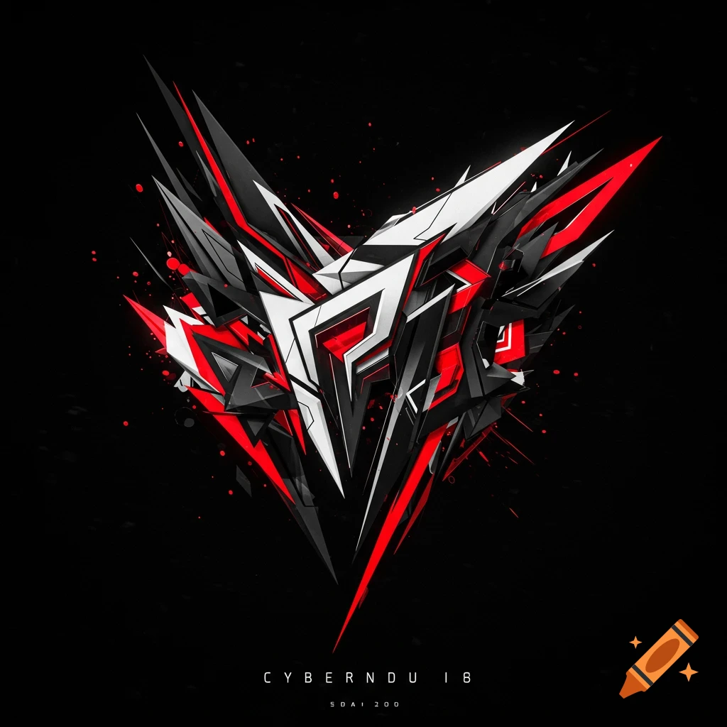 An abstract geometric design in red, black, and white.