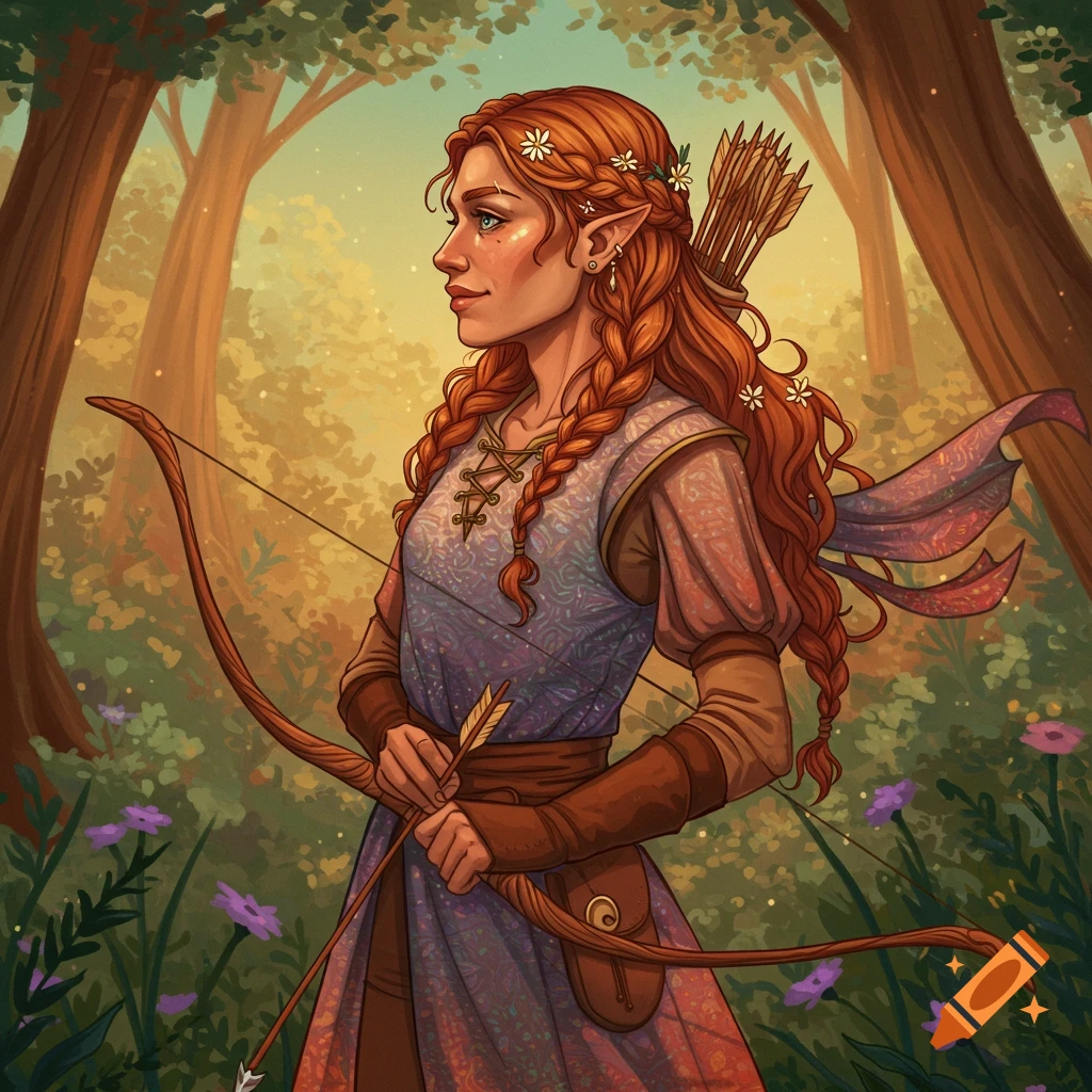 A female elf archer in a forest.
