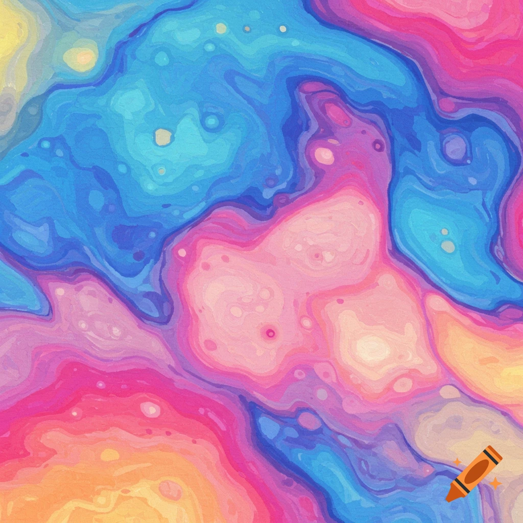 An abstract image with swirling shapes in blue, pink, yellow, and orange.