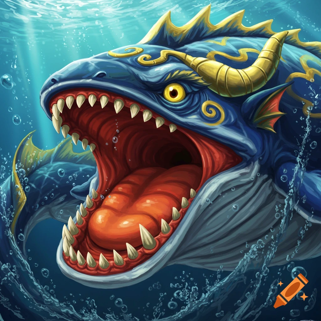 A monstrous blue fish with gaping mouth, sharp teeth, and golden accents swimming underwater.