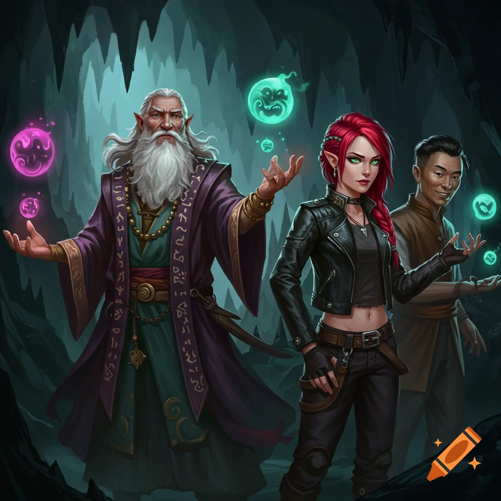 Three fantasy characters holding glowing orbs in a cave.