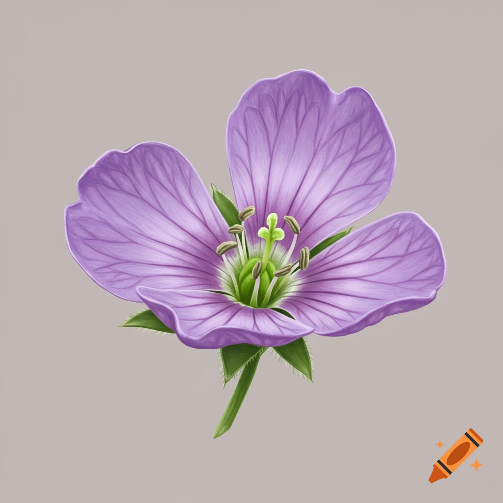 A small purple flower with a green stamen and stem.