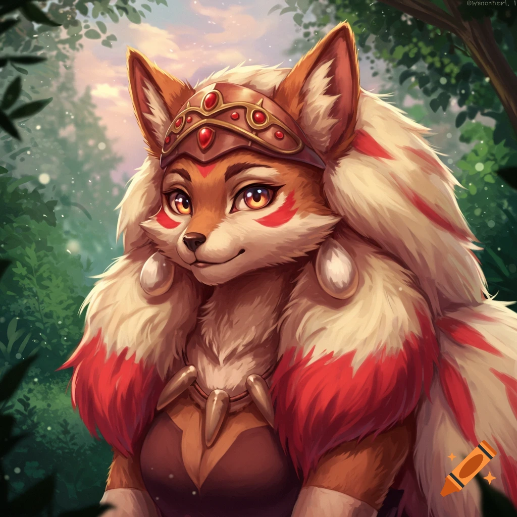 A furry fox-like character is depicted in a crown and necklace, standing in a forest.