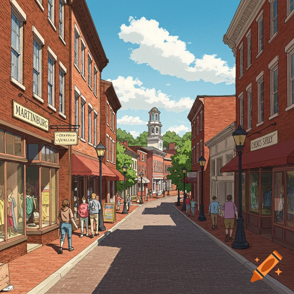 A street in Martinsburg featuring red brick buildings and storefronts, with people walking along and a prominent clock tower visible.