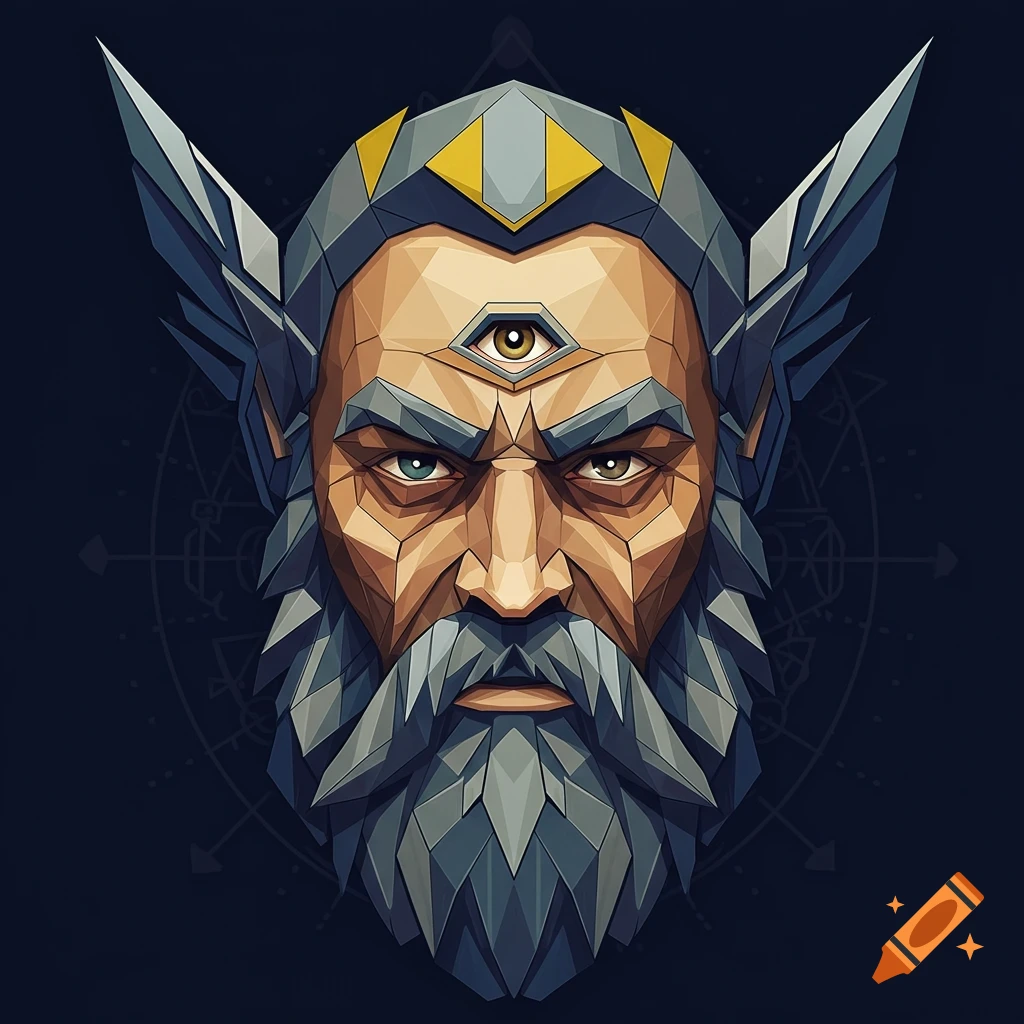 Geometric style portrait of a man with a beard and a third eye.