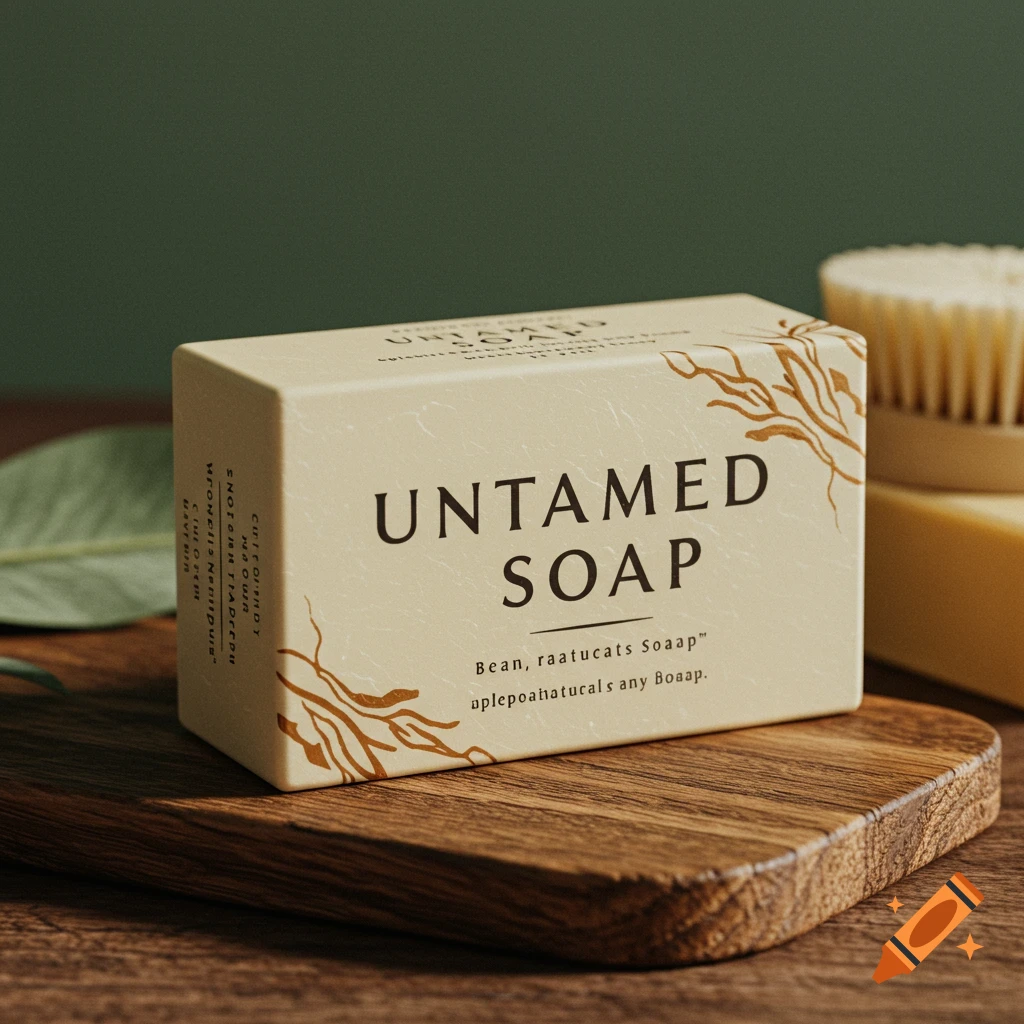 Photorealistic close-up of a box of Untamed Soap on a wooden surface with natural elements
