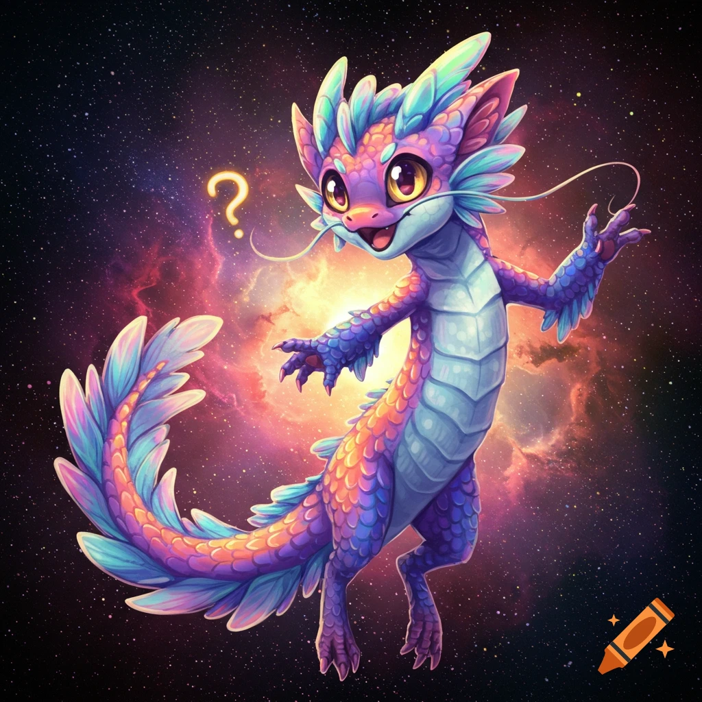 A cute colorful dragon with a question mark in a starry galaxy background.