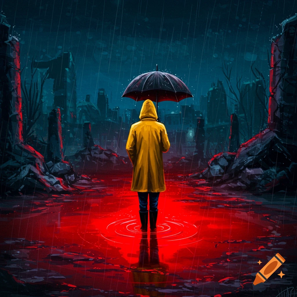 Person in yellow coat standing in red puddle with umbrella in rainy ruined city at night.