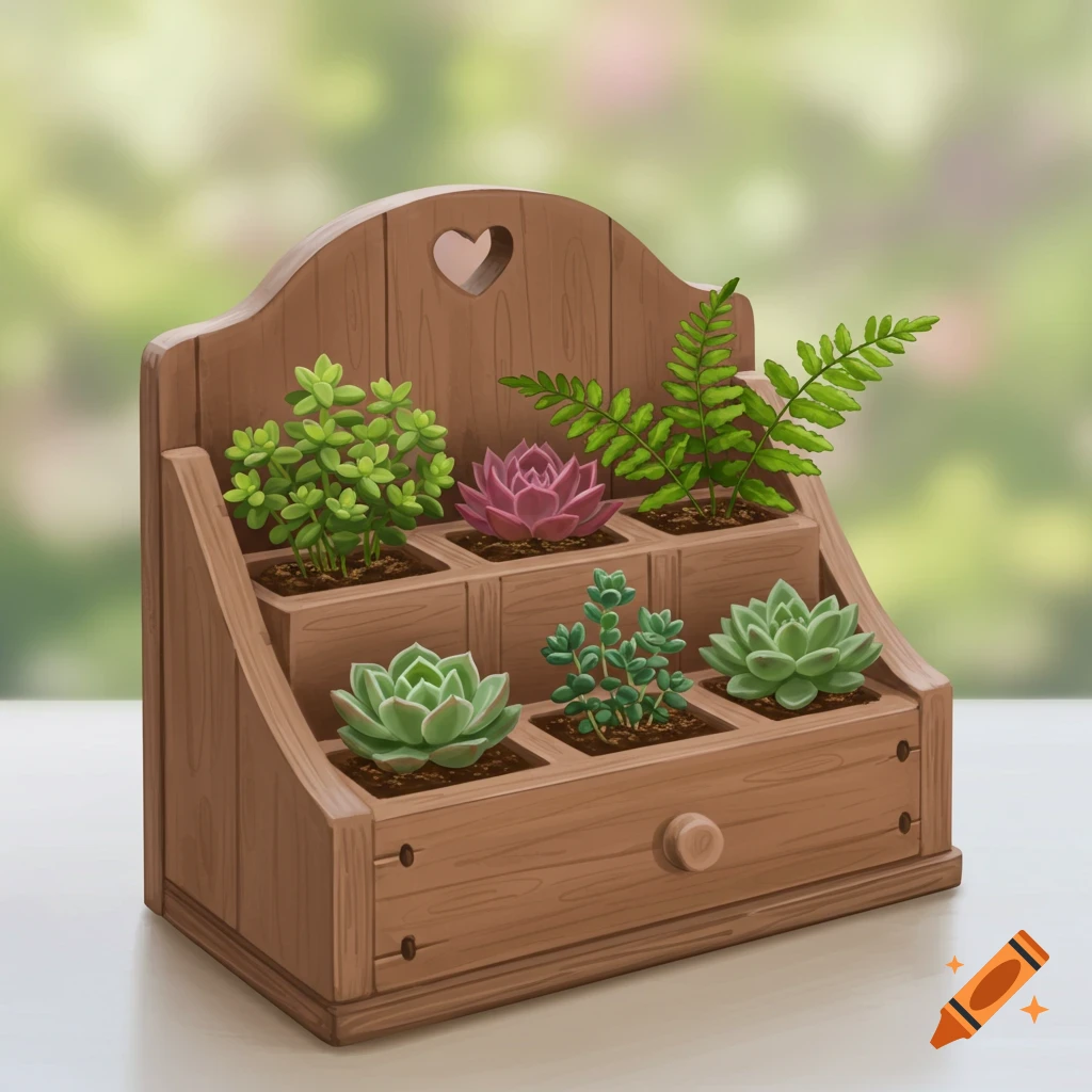 A wooden planter with a heart cutout holding succulents and a fern.