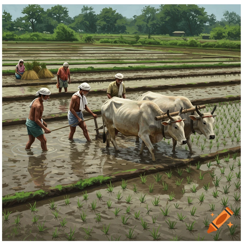 farmers and oxen ploughing a paddy field.