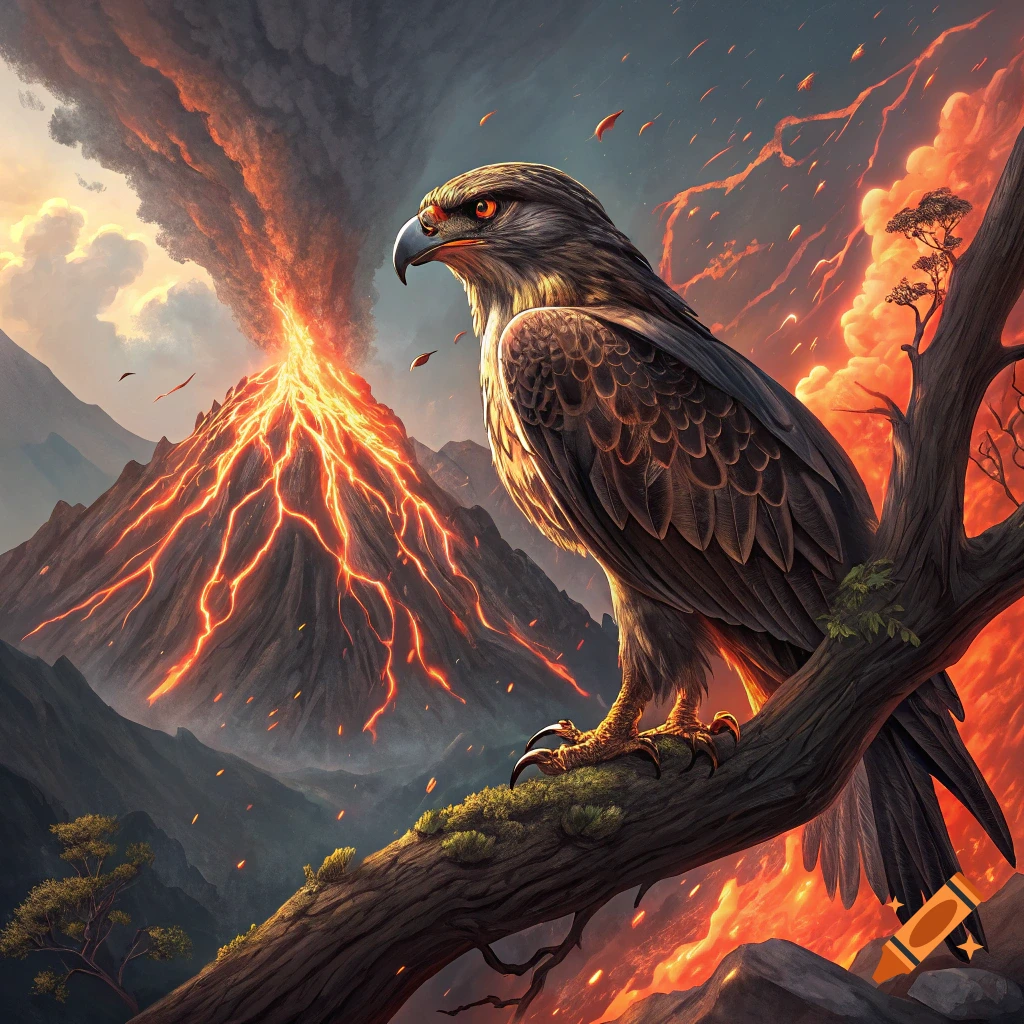 An eagle perches on a branch overlooking an erupting volcano with lava flowing.