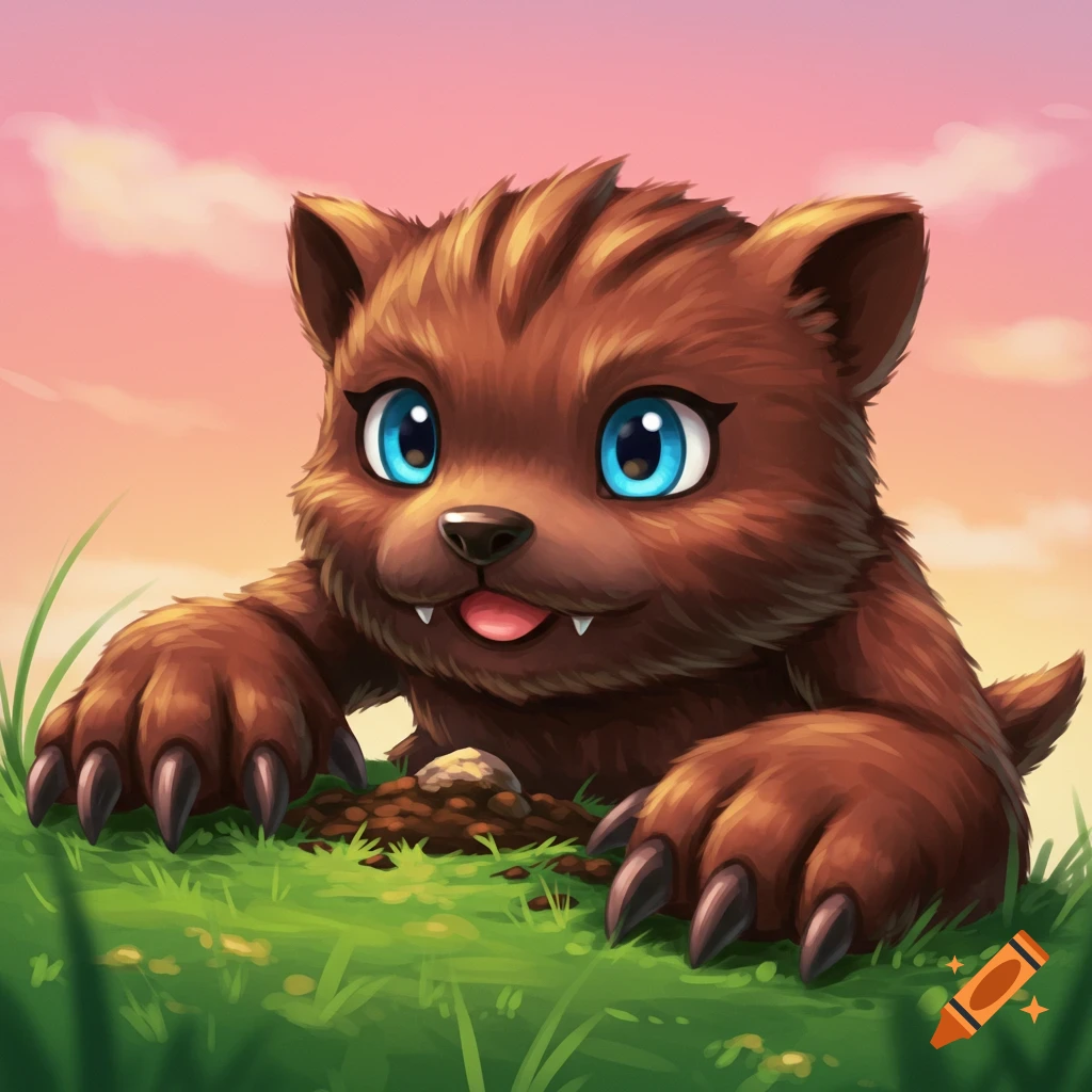 A cute brown animal cub digs in green grass.