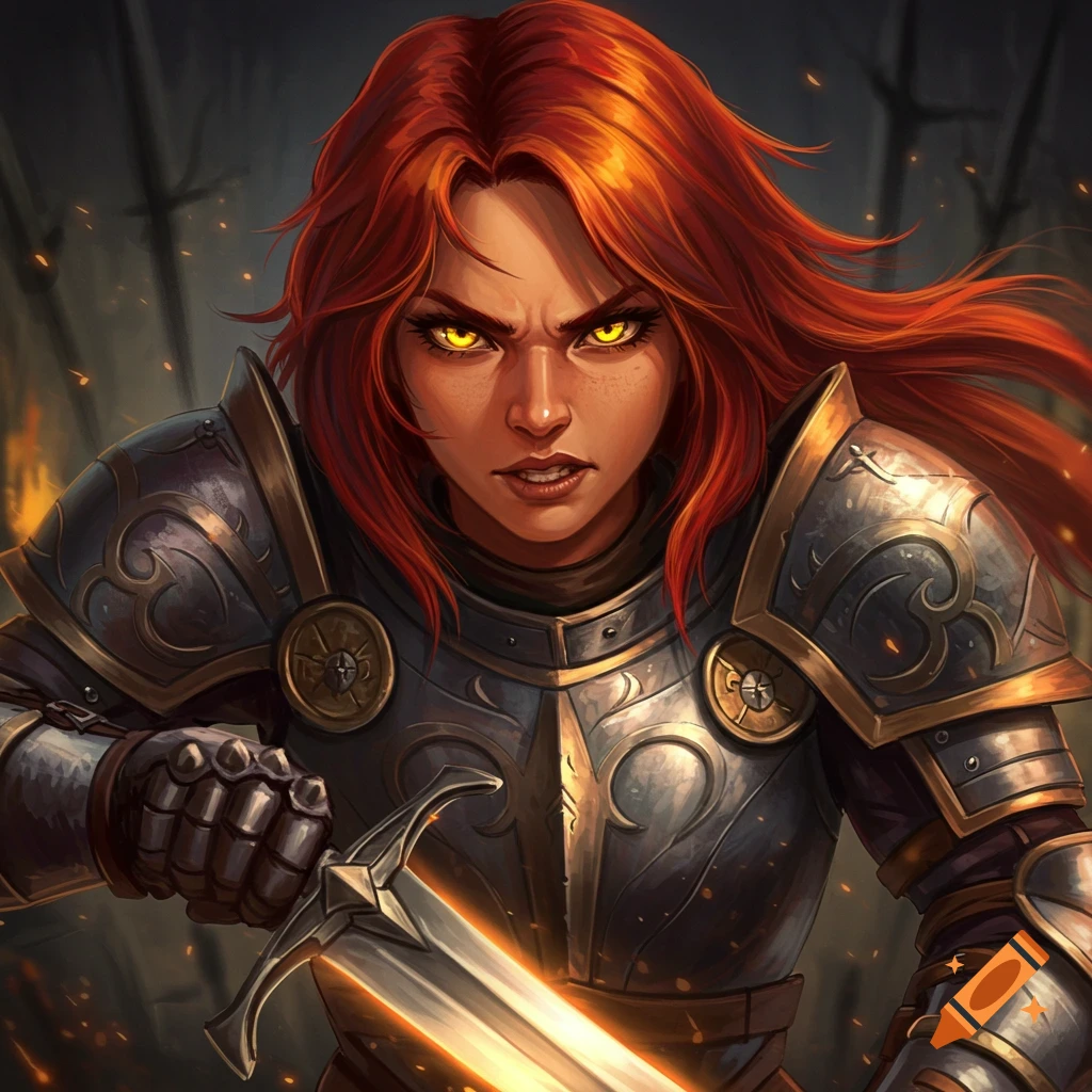 A female fantasy warrior with red hair and glowing yellow eyes, glaring while holding a sword.