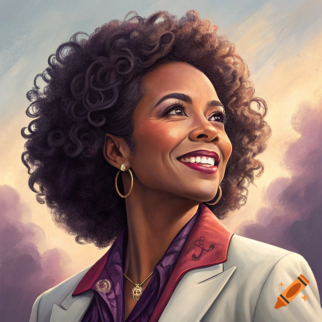 Painterly portrait of a smiling woman with curly hair wearing a white jacket looking up.