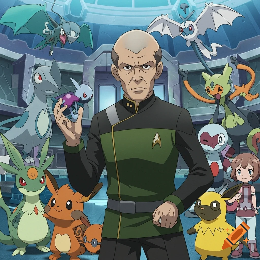 A bald man in a green Starfleet uniform stands with various Pokémon and a young girl trainer in an anime style.